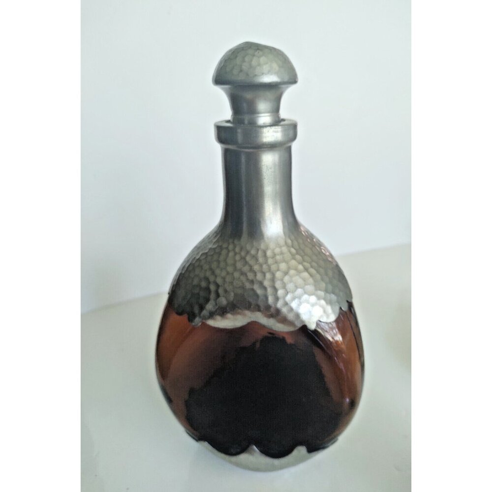 Vintage Royal Holland Pewter Encased Amber Pinched Glass Decanter 10" Tall 1930s